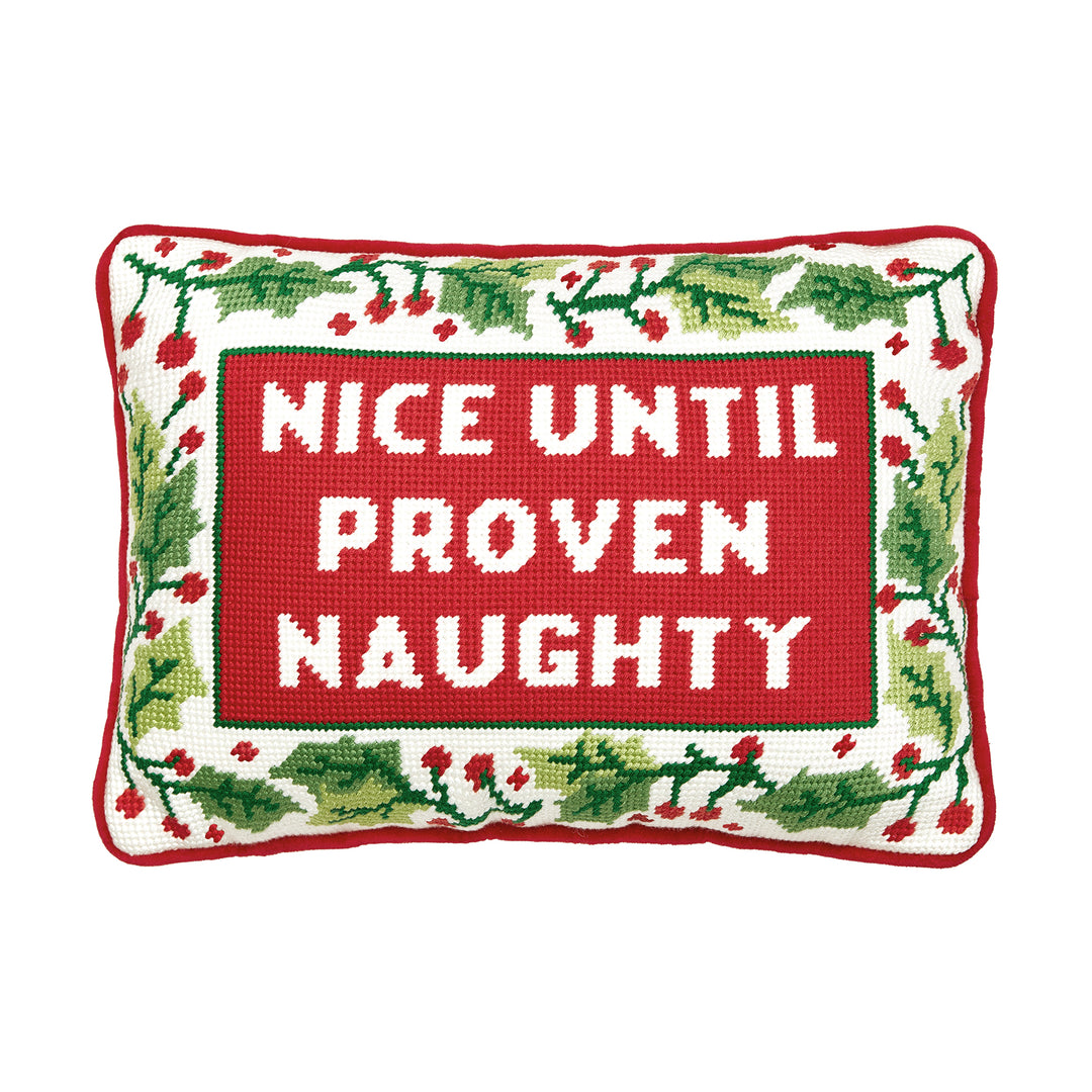 Nice Until Proven Naughty Embroidery Needlepoint Pillow