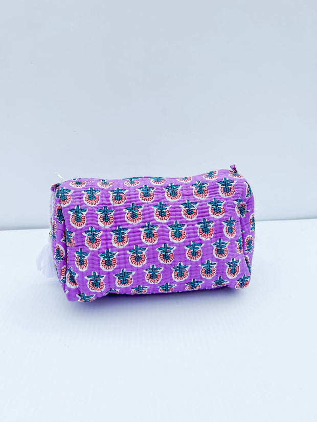 Purple Floral Quilted Cosmetic Bag - Multiple Sizes