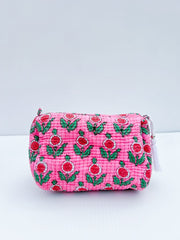 Pink Floral Quilted Cosmetic Bag - Multiple Sizes
