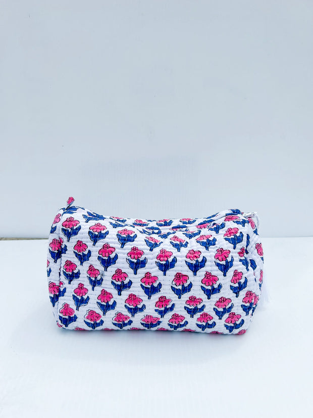 Pink & Blue Floral Quilted Cosmetic Bag - Multiple Sizes