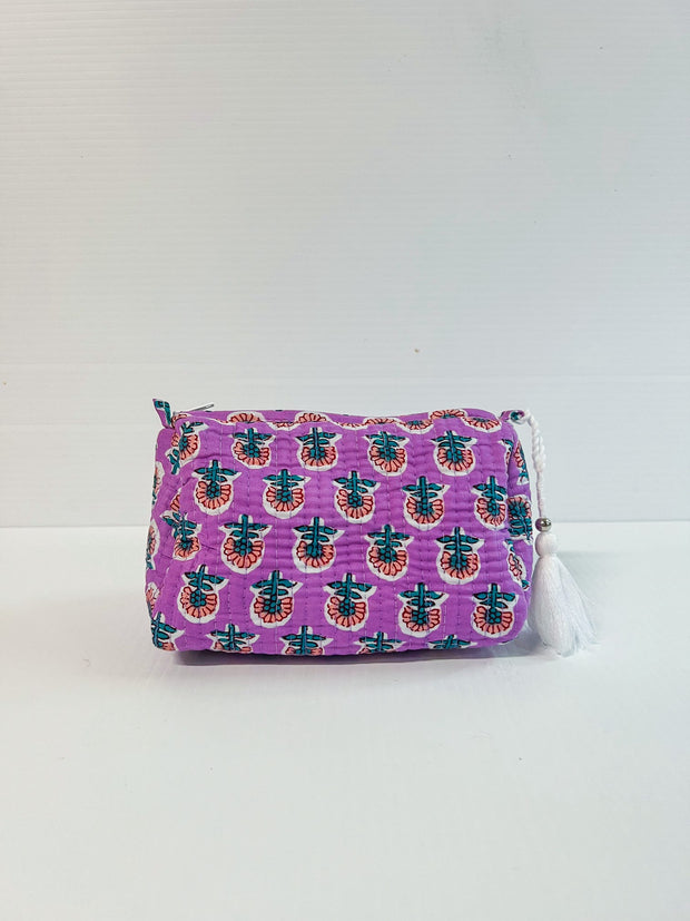 Purple Floral Quilted Cosmetic Bag - Multiple Sizes