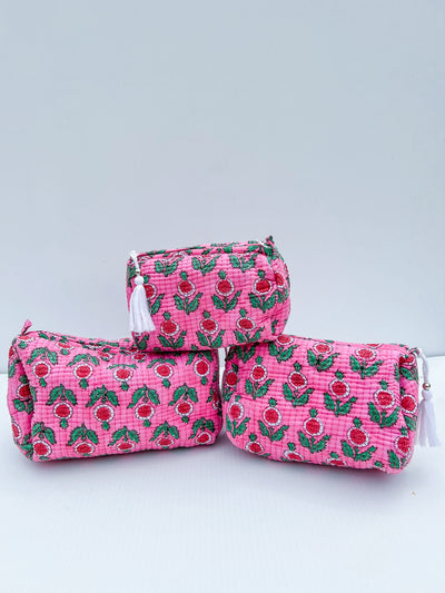 Pink Floral Quilted Cosmetic Bag - Multiple Sizes