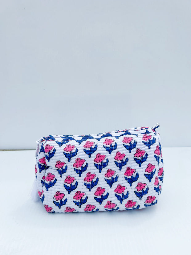 Pink & Blue Floral Quilted Cosmetic Bag - Multiple Sizes