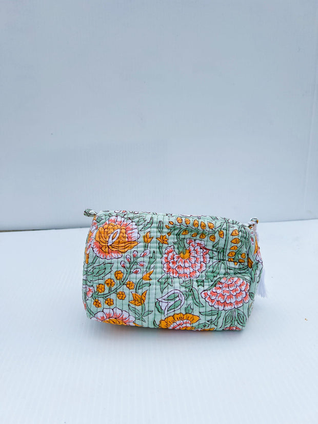 Retro Green Floral Quilted Cosmetic Bag - Multiple Sizes