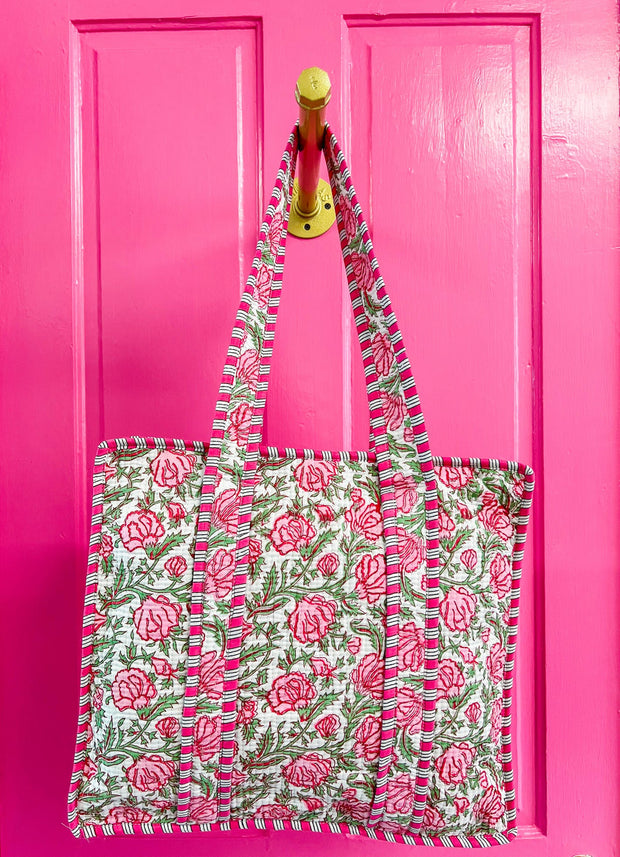 Pink Floral Quilted Tote Bag