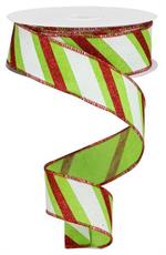 1.5" x 10 YD Diagonal Glitter Stripe Lime Green/Red/White