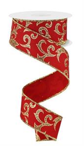 1.5" x 10 YD Acanthus Leaf Red/Gold