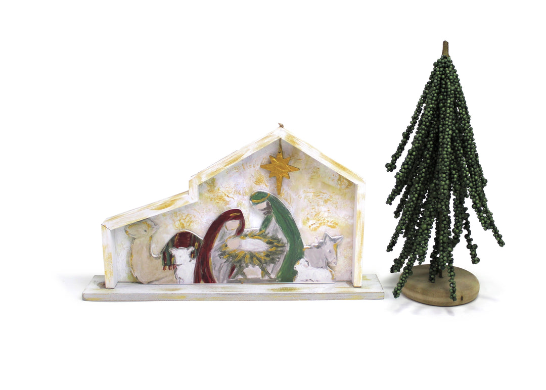 Layered Wood Tabletop Decor Nativity Jewel Tones  14x2x8"