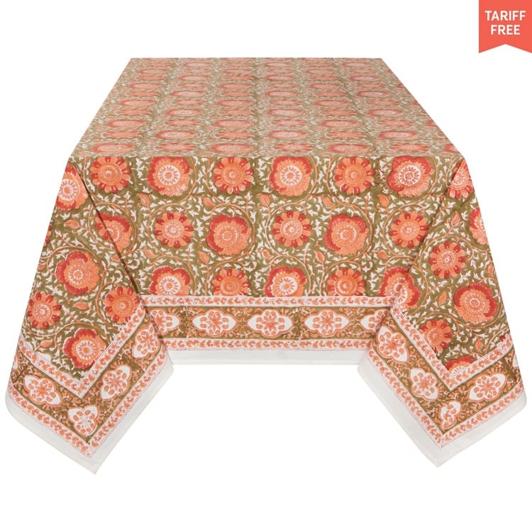 Zinnia Block Print Tablecloth 60 x 90 Inches
