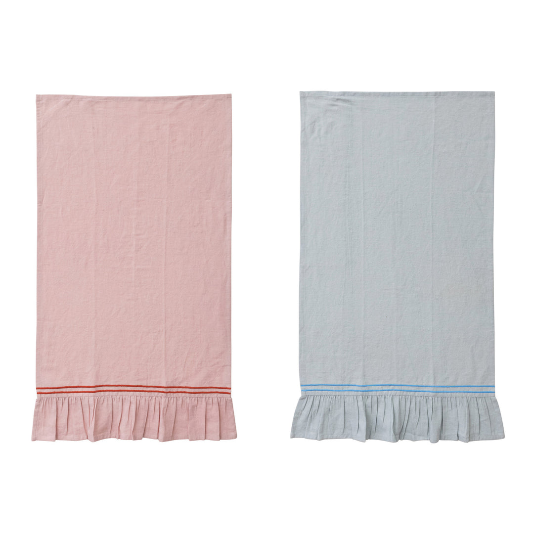 Cotton & Linen Tea Towel w/ Embroidered Stripes & Ruffle, 2 Colors