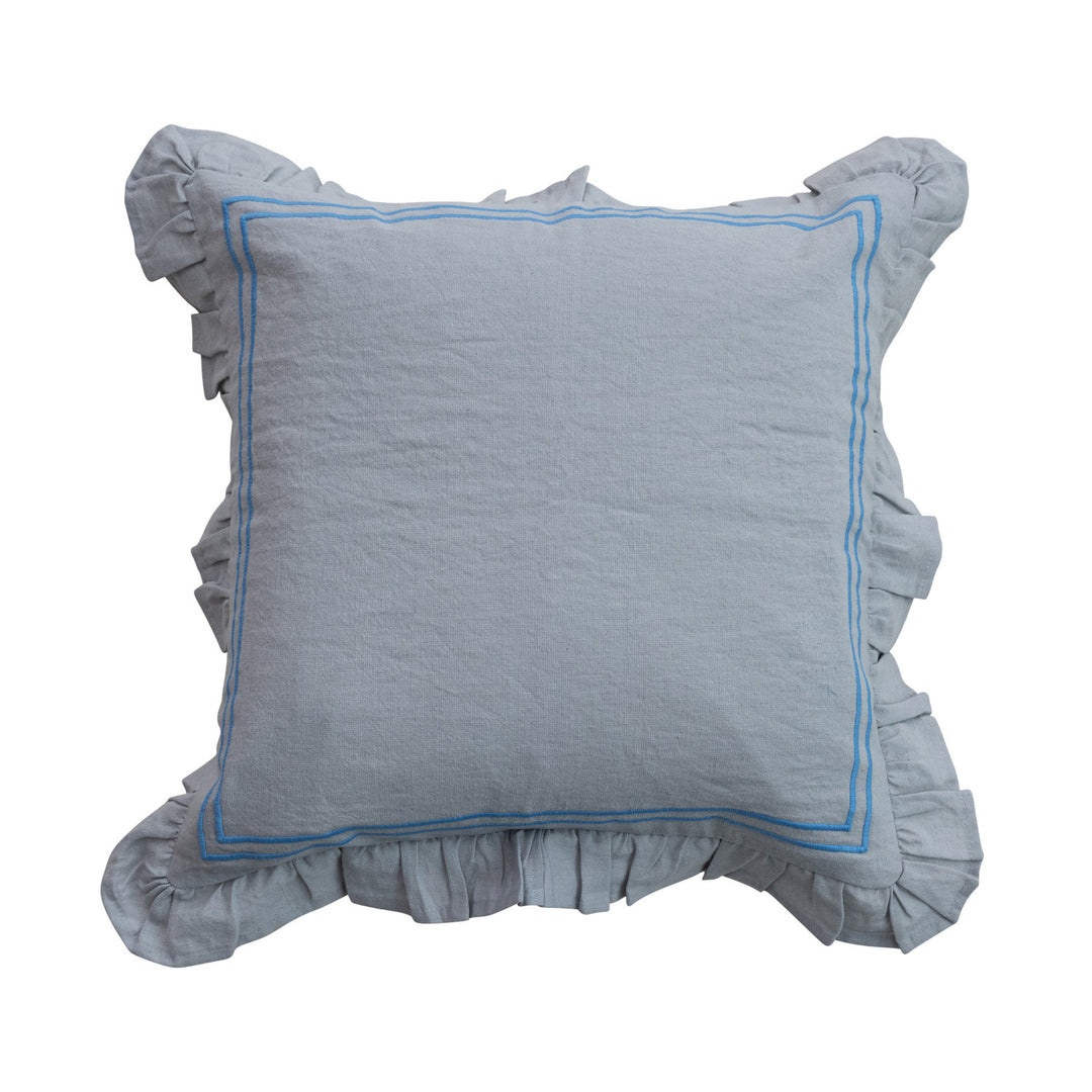 Cotton & Linen Pillow w/ Embroidered Stripes & Ruffle, Blue
