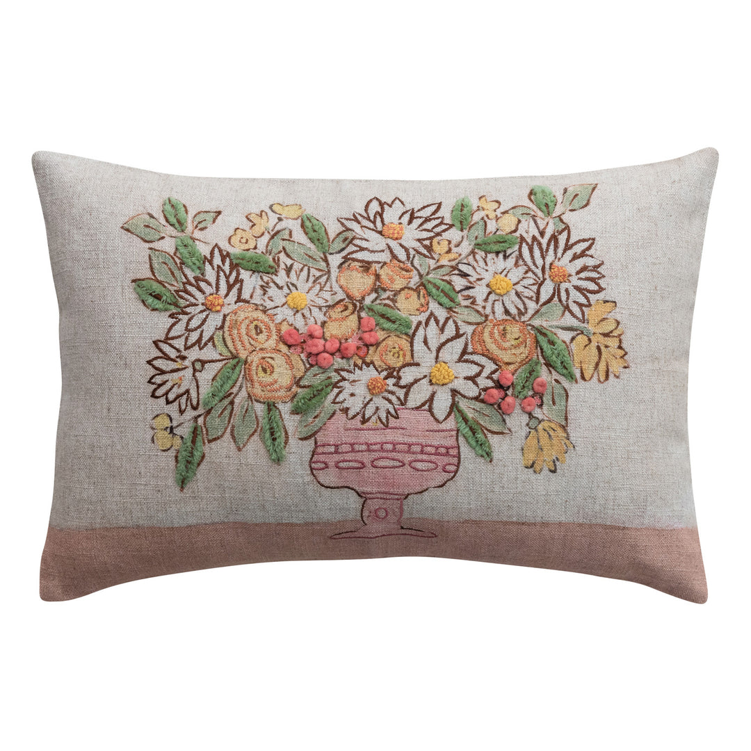 Linen Blend Printed Lumbar Pillow w/ Flowers in Vase, Embroidery, Pom Poms & Chambray Back ©