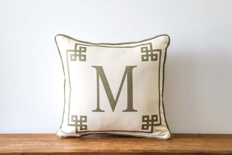 Fern Green Greek Key Initial + Accent Piping Pillow