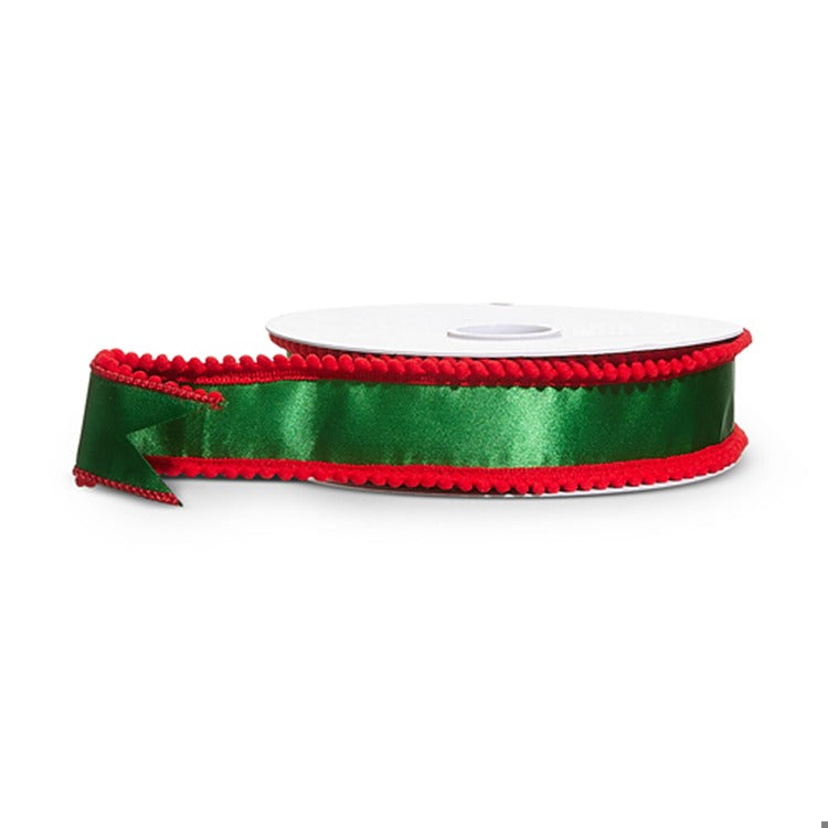 1.5 X 10 Yds Green Satin with Red Pom Pom Edge Wired Ribbon
