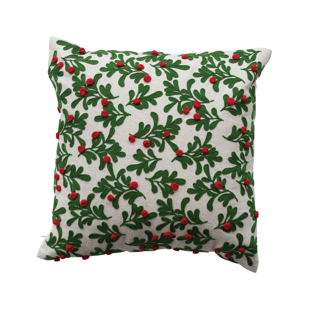 16" Square Cotton & Linen Pillow with Embroidered Mistletoe Pattern
