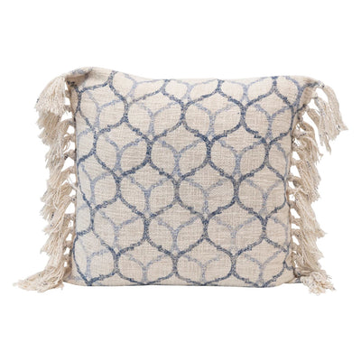 Stonewashed Cotton Blend Pillow w/ Ogee Pattern & Fringe