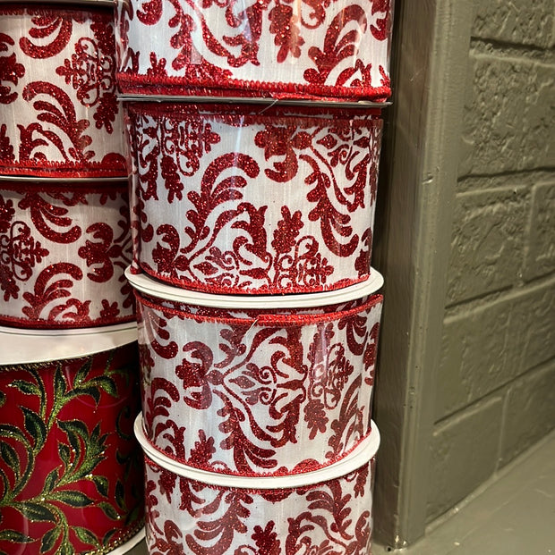 2.5"X10YD Red and White Damask Ribbon