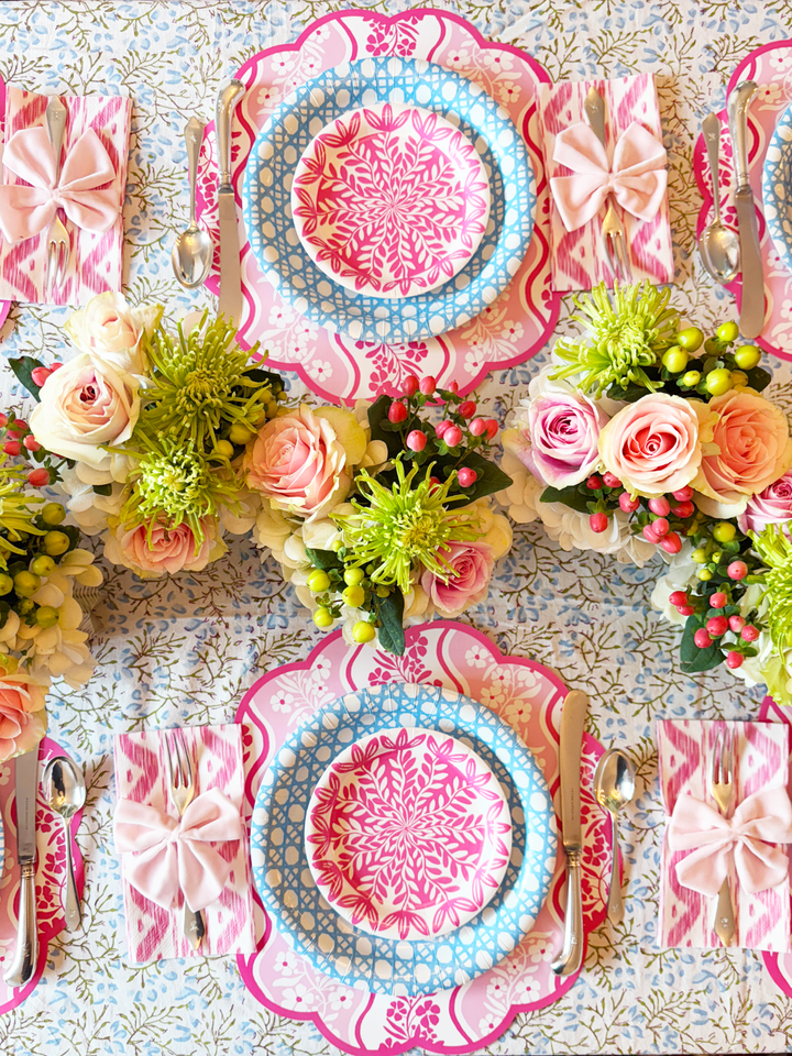 Pink Floral Scalloped Round Paper Placemats | Set of 24