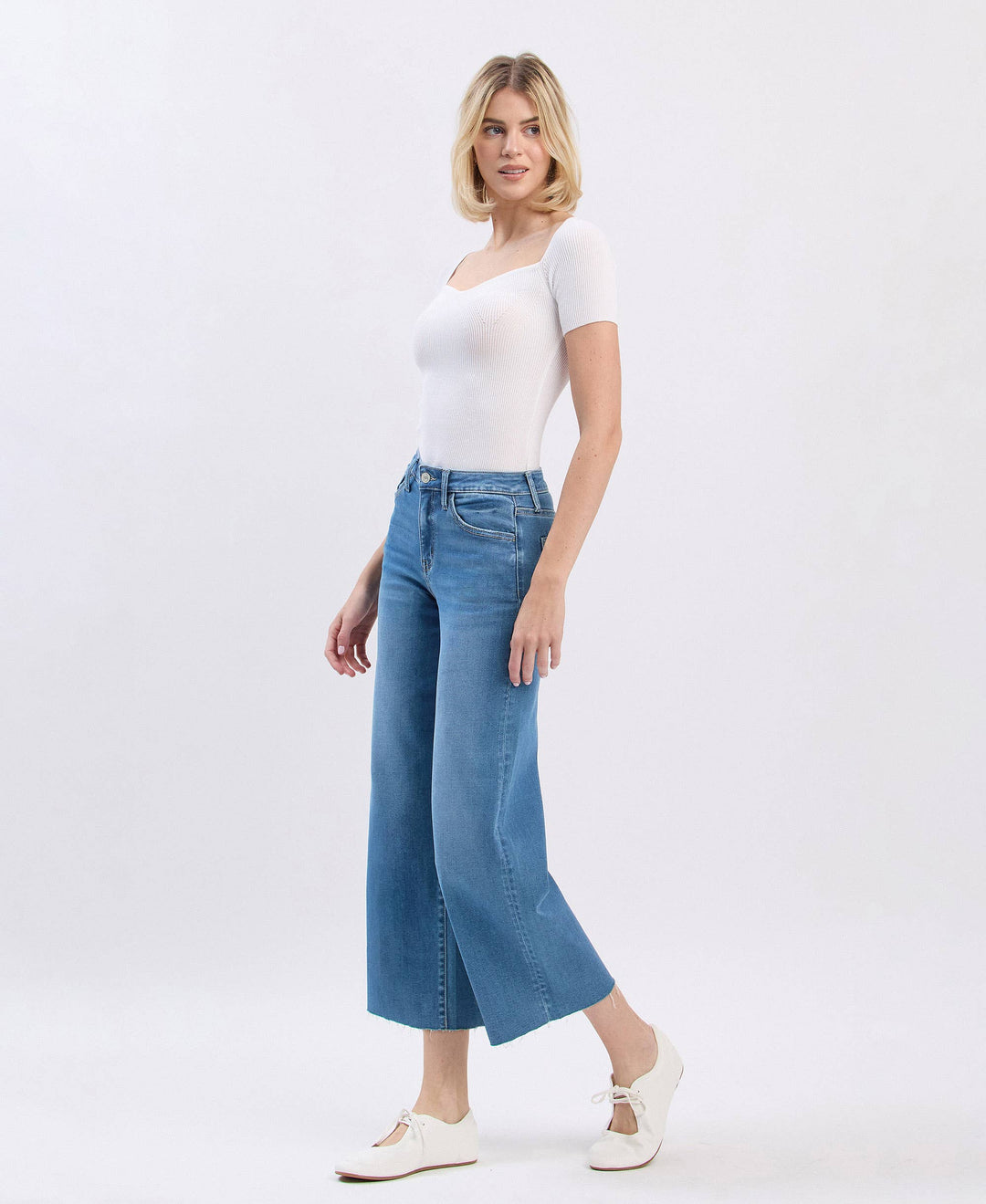 VERVET by FLYING MONKEY - HIGH RISE CLEAN CUT RAW HEM CROP SLIM WIDE JEANS V3632