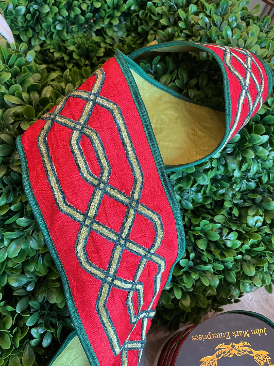 Embroidered Trellis Metallic Dupioni Ribbon - Red | 4 in x 5 yd