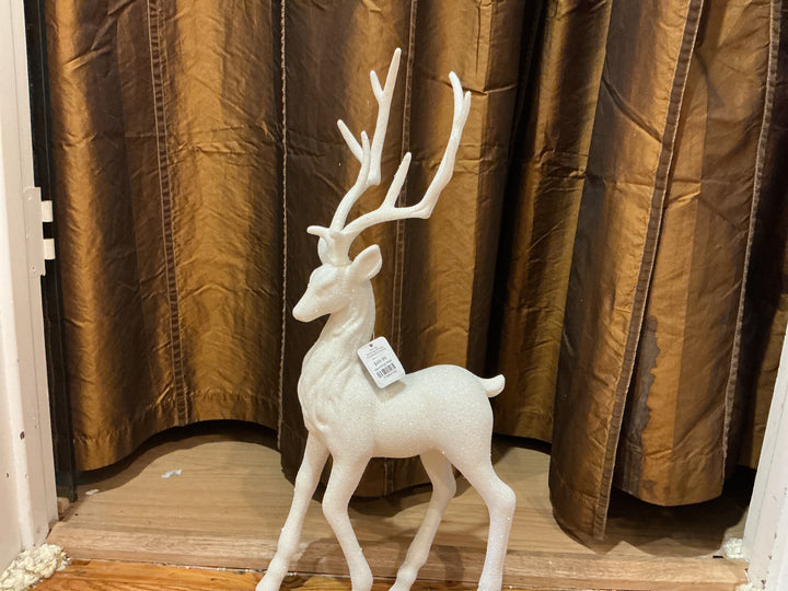21" White Glittered Deer