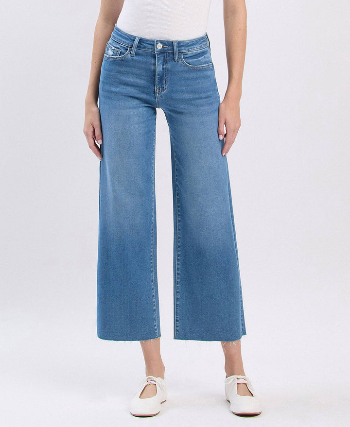 VERVET by FLYING MONKEY - HIGH RISE CLEAN CUT RAW HEM CROP SLIM WIDE JEANS V3632