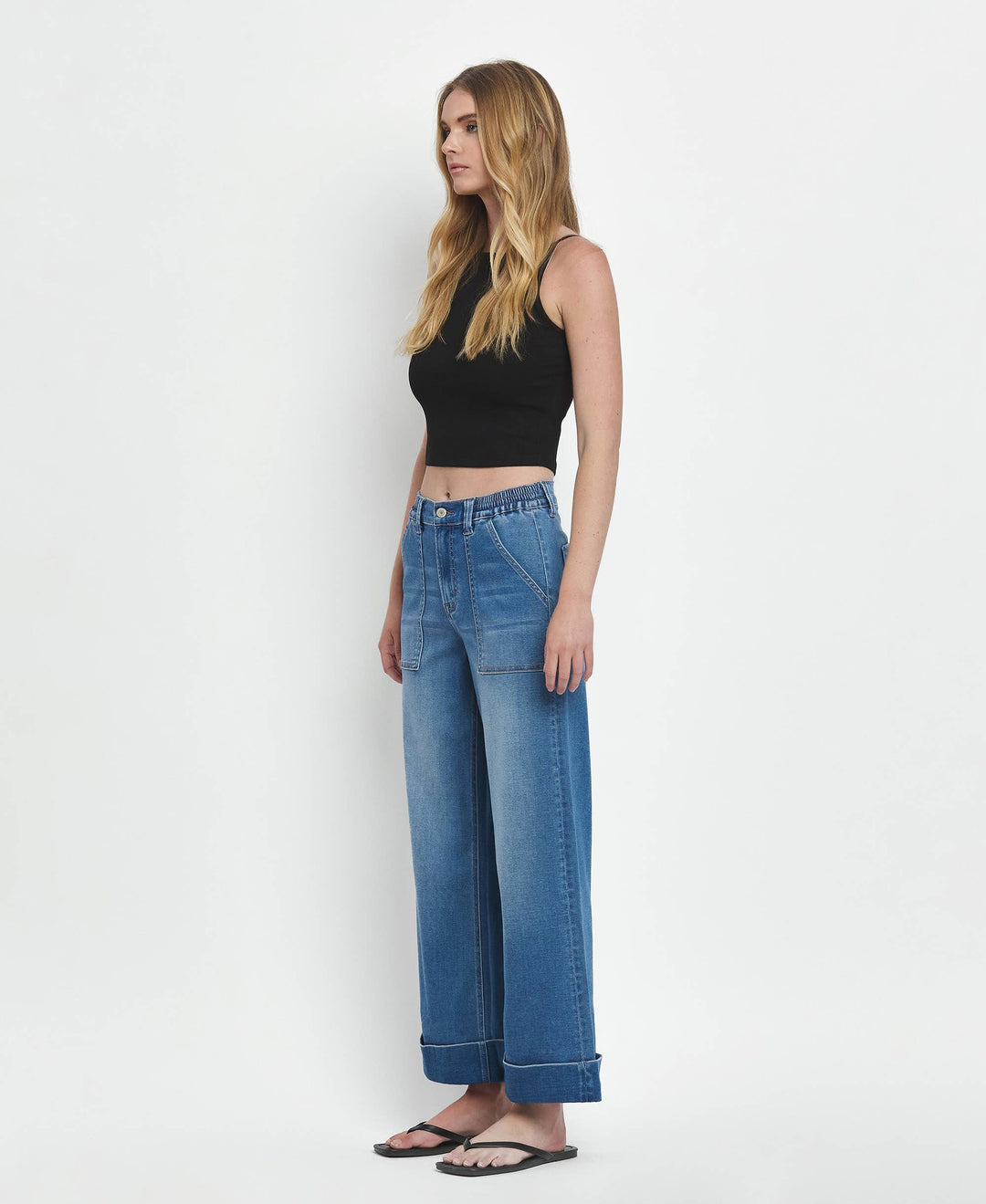 VERVET by FLYING MONKEY - HIGH RISE DOUBLE CUFFED BAGGY WIDE JEANS V3589