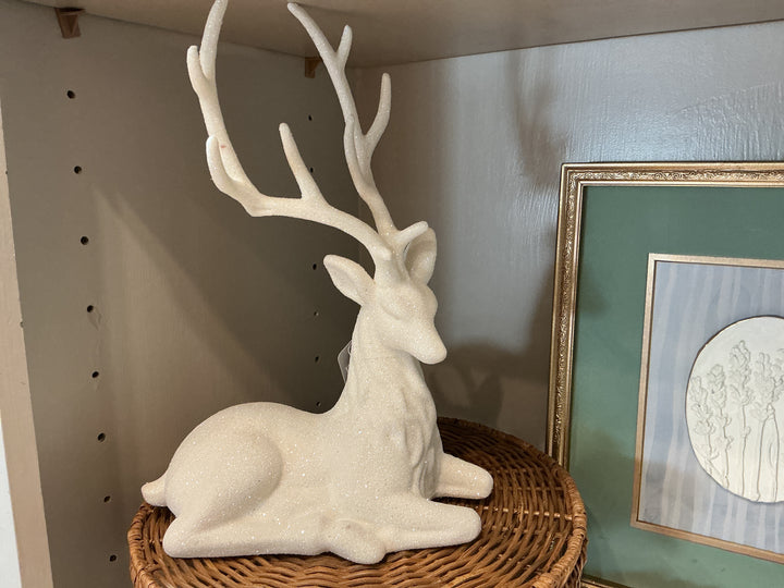 21" White Glittered Deer