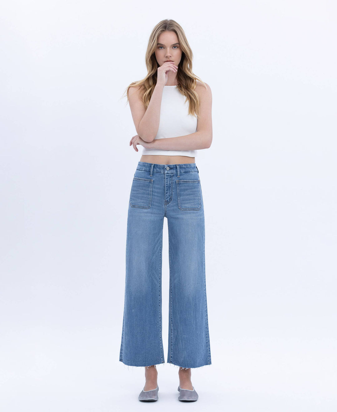 VERVET by FLYING MONKEY - HIGH RISE COMFORT WAISTBAND CROP WIDE JEANS T6947