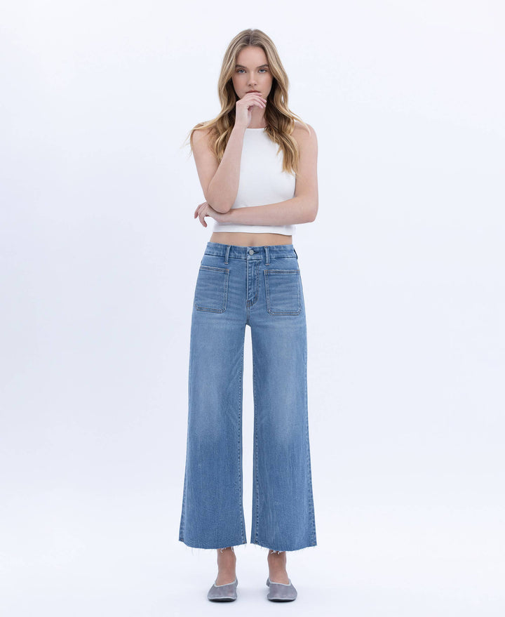 VERVET by FLYING MONKEY - HIGH RISE COMFORT WAISTBAND CROP WIDE JEANS T6947