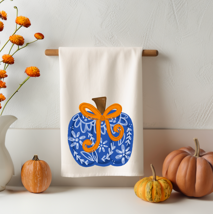 Doodles By Rebekah - Blue Chinoiserie Bow Pumpkin Tea Towel