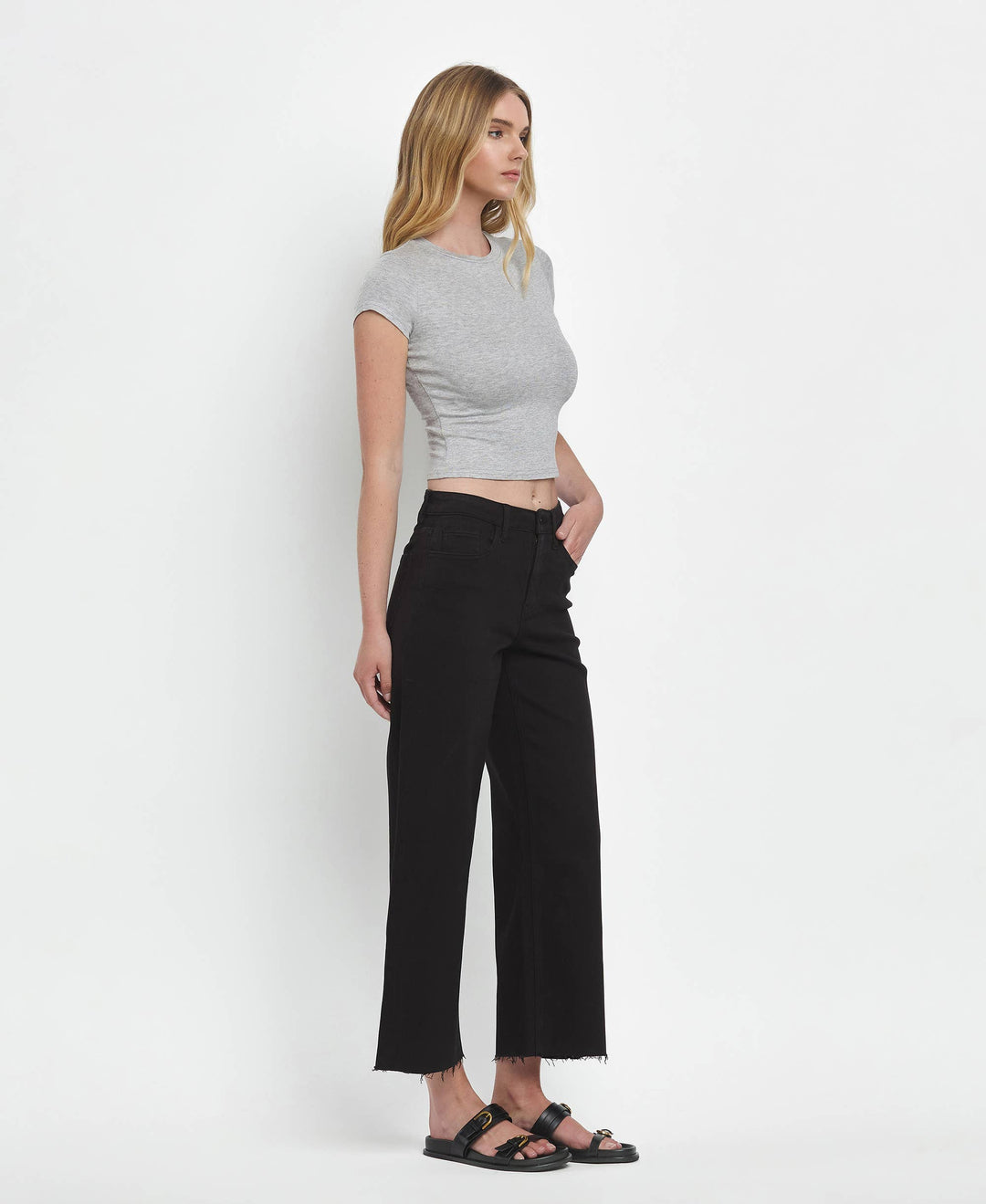 VERVET by FLYING MONKEY - HIGH RISE BLACK CROP WIDE LEG JEANS T5894BK