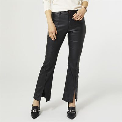 Bootcut Faux Leather Black Pants with Front Slit