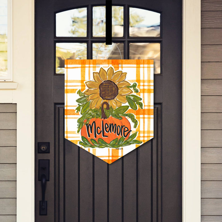 Baxter &amp; Me - Personalized Sunflower Pumpkin Plaid Door Hanger