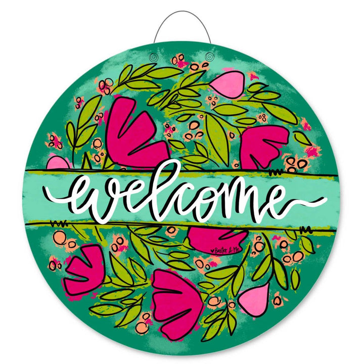 Welcome Pink Floral Door Hanger