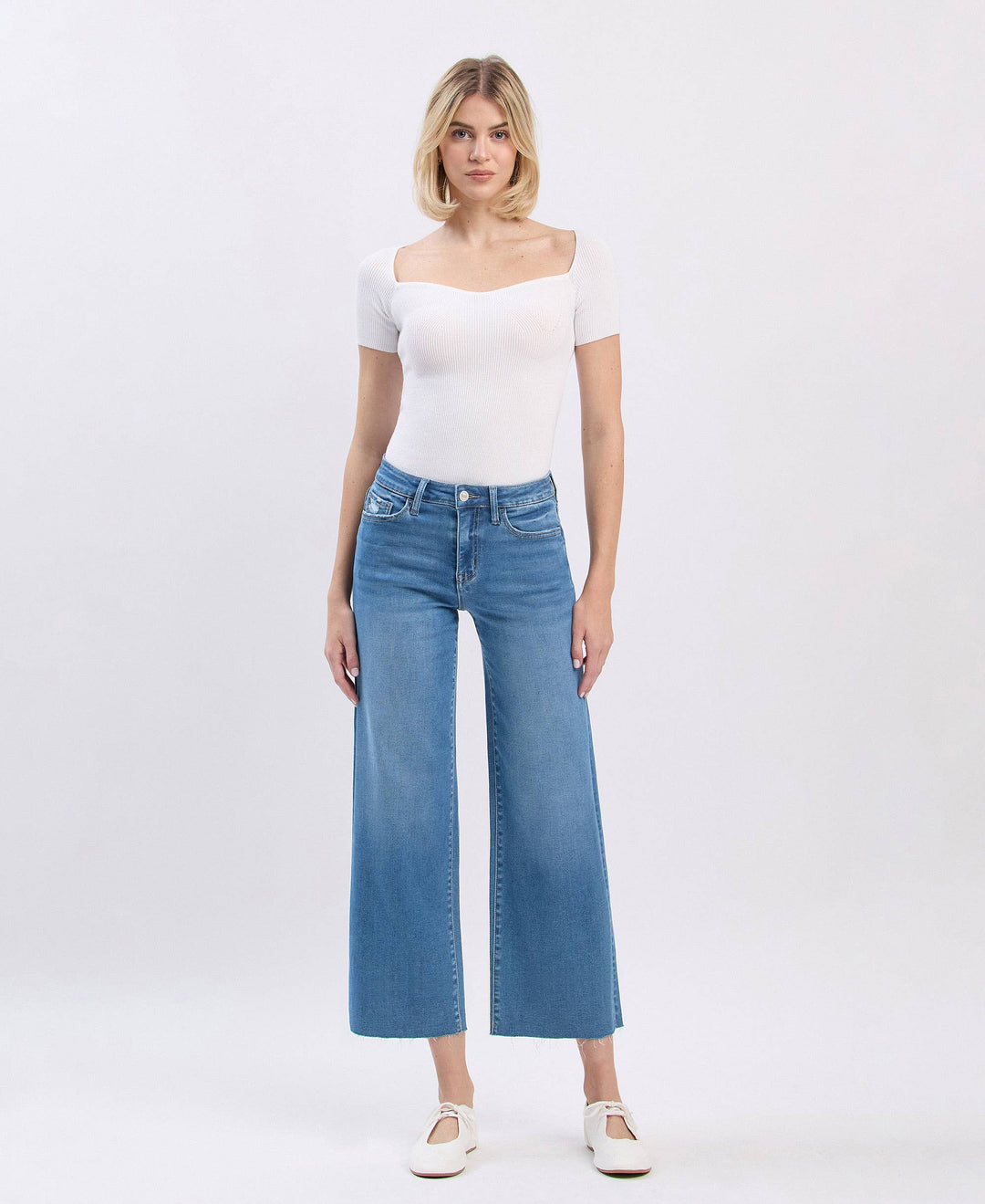 VERVET by FLYING MONKEY - HIGH RISE CLEAN CUT RAW HEM CROP SLIM WIDE JEANS V3632