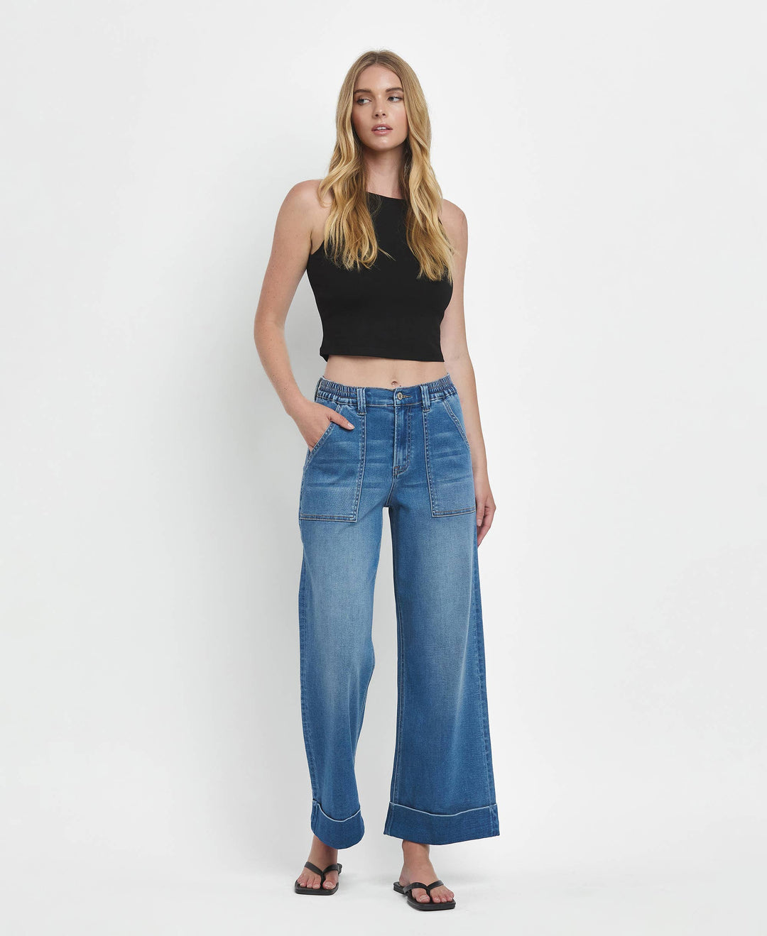 VERVET by FLYING MONKEY - HIGH RISE DOUBLE CUFFED BAGGY WIDE JEANS V3589