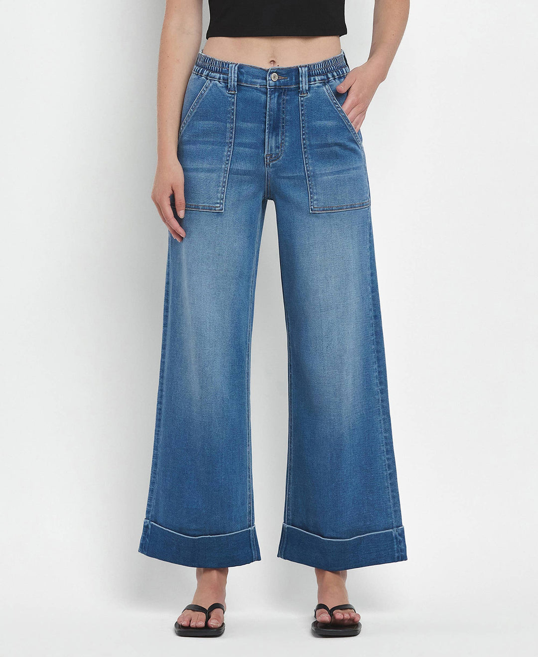 VERVET by FLYING MONKEY - HIGH RISE DOUBLE CUFFED BAGGY WIDE JEANS V3589