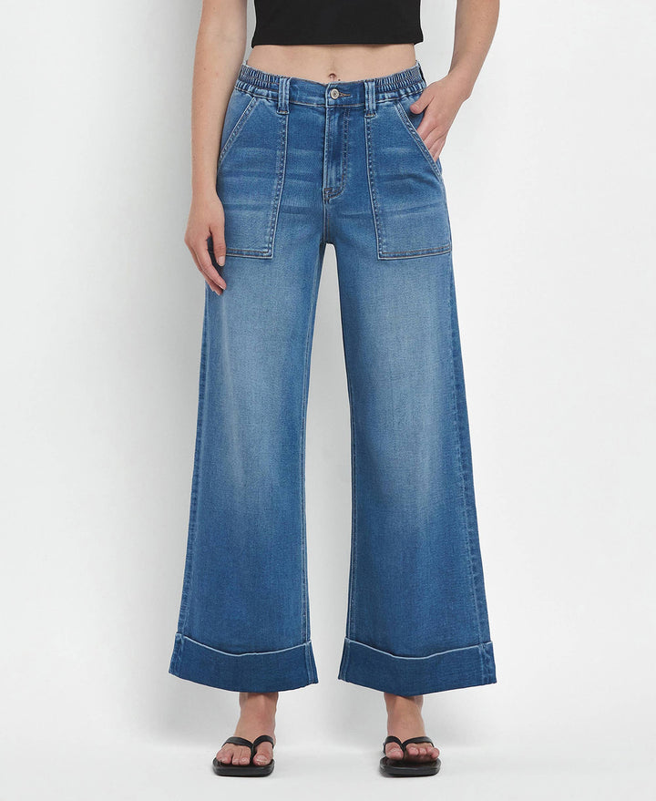 VERVET by FLYING MONKEY - HIGH RISE DOUBLE CUFFED BAGGY WIDE JEANS V3589