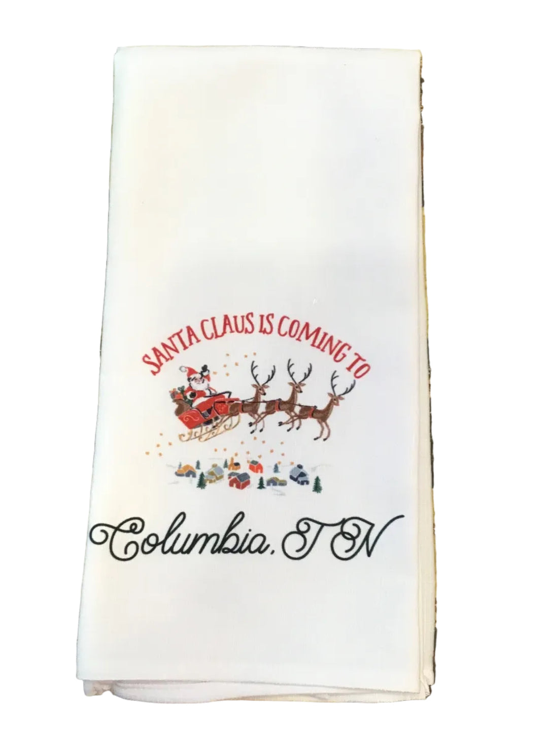 Santa Claus is Coming to Town, Hometown Sleigh Square Tea Towel- Columbia, TN