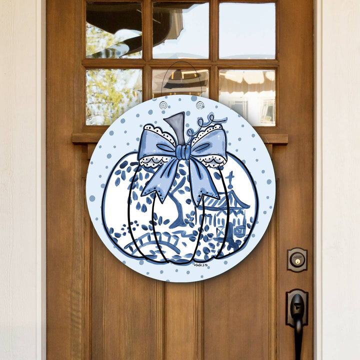 Baxter &amp; Me - Blue Willow Lace Bow Pumpkin Door Hanger