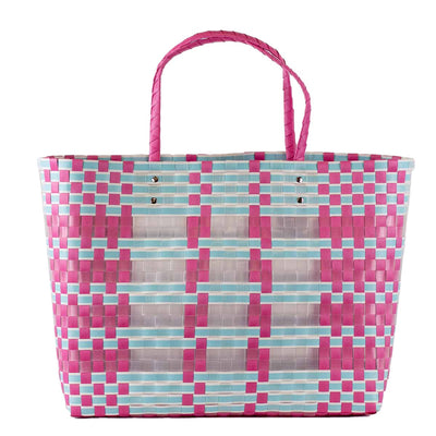 Kimberly Woven Beach Tote   Hot Pink & Blue