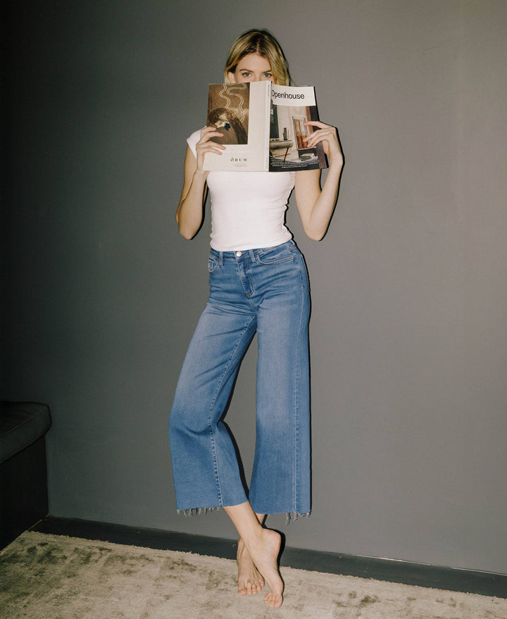 VERVET by FLYING MONKEY - HIGH RISE CLEAN CUT RAW HEM CROP SLIM WIDE JEANS V3632