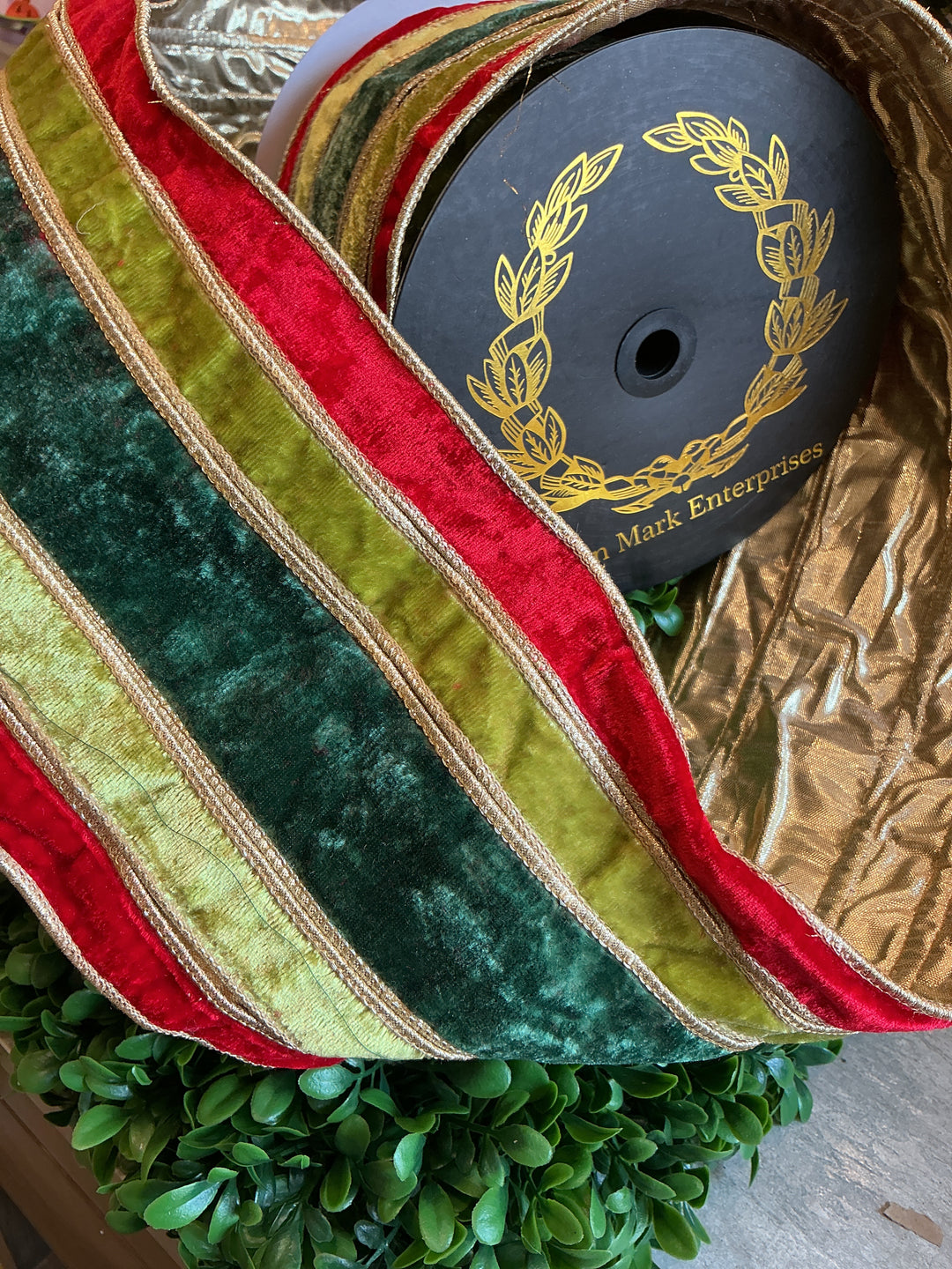 Red, Apple &amp; Green Velvet Stripe Metallic Dupioni Double-Fused Ribbon | 6 in x 10 yd