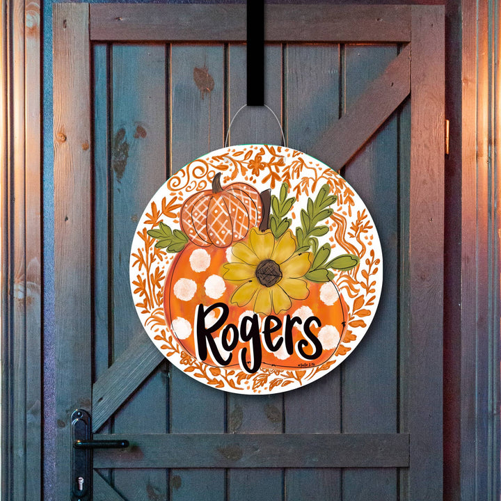 Baxter &amp; Me - Personalized Orange Chinoiserie Harvest Pumpkin Door Hanger