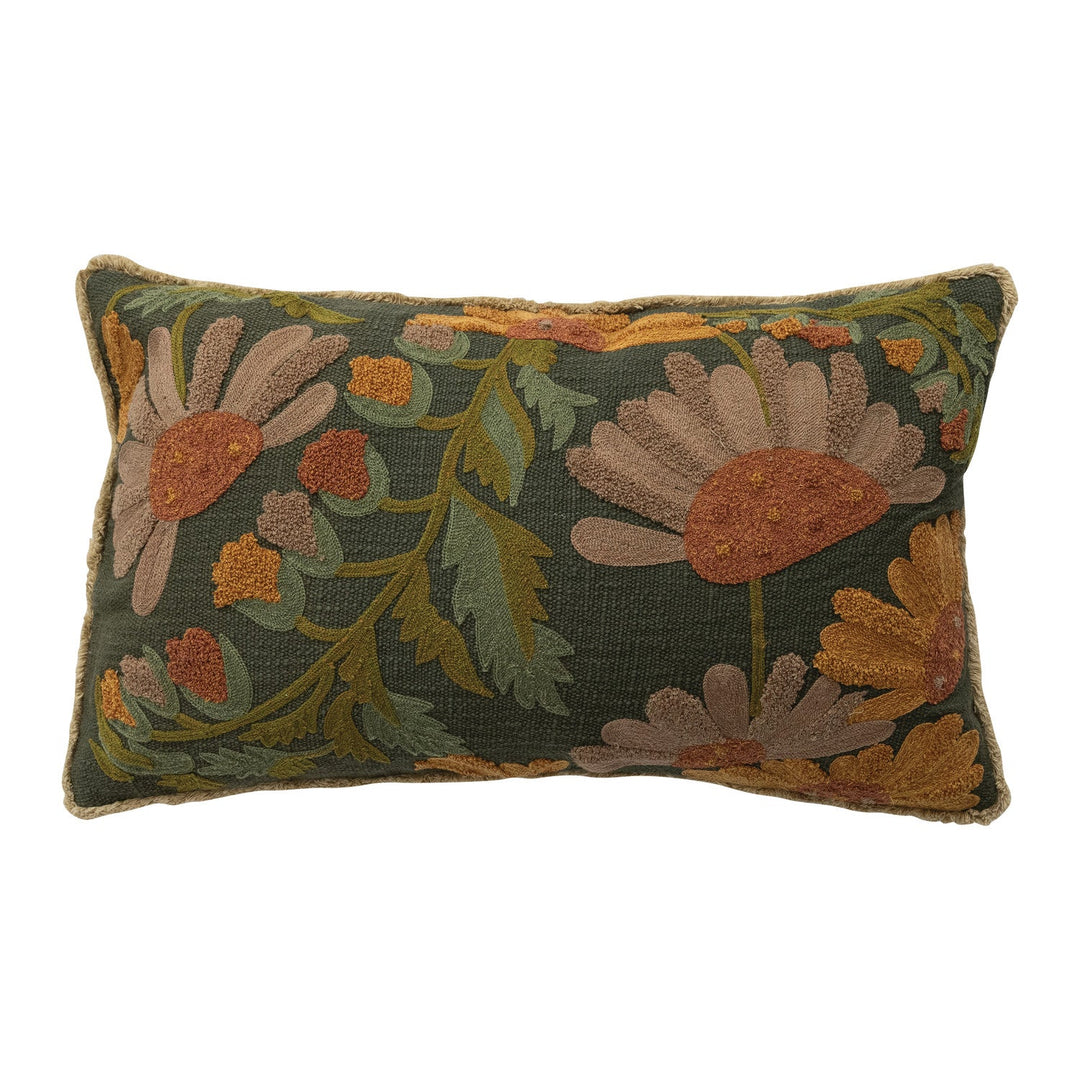 Cotton Slub Embroidered Pillow with Flowers, Fringe &amp; Chambray Back