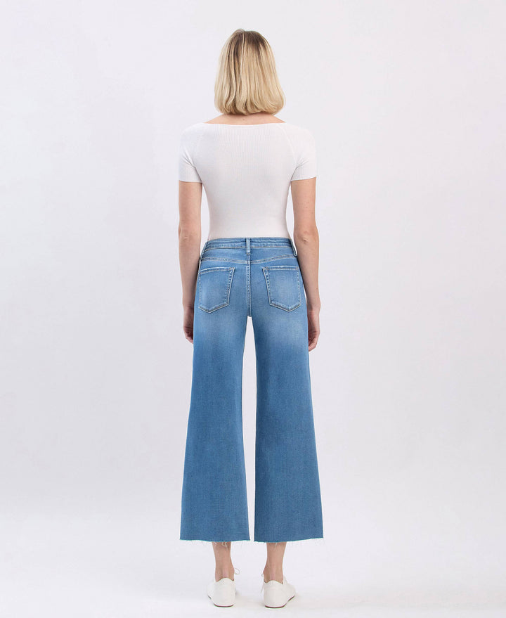 VERVET by FLYING MONKEY - HIGH RISE CLEAN CUT RAW HEM CROP SLIM WIDE JEANS V3632