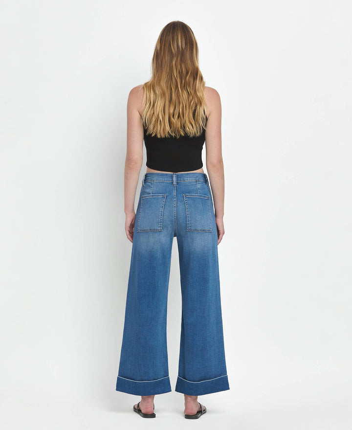 VERVET by FLYING MONKEY - HIGH RISE DOUBLE CUFFED BAGGY WIDE JEANS V3589