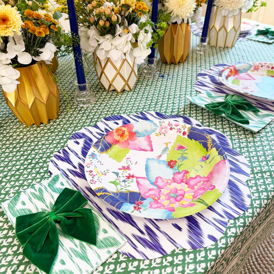 Blue Ikat Scalloped Paper Placemats | Set of 24