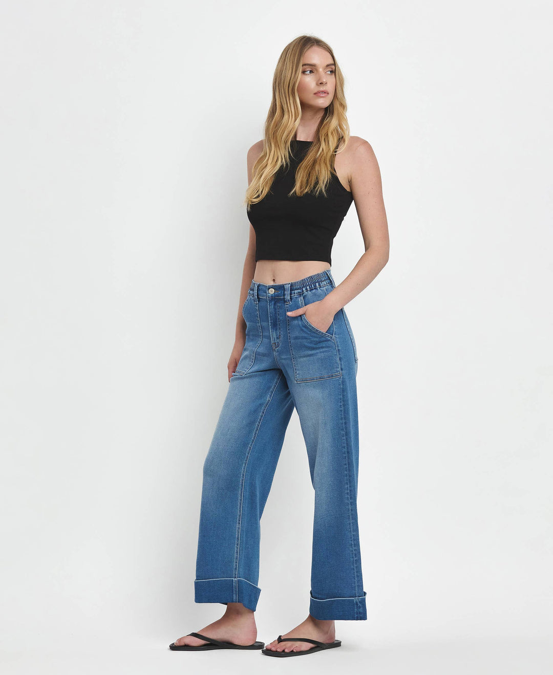 VERVET by FLYING MONKEY - HIGH RISE DOUBLE CUFFED BAGGY WIDE JEANS V3589